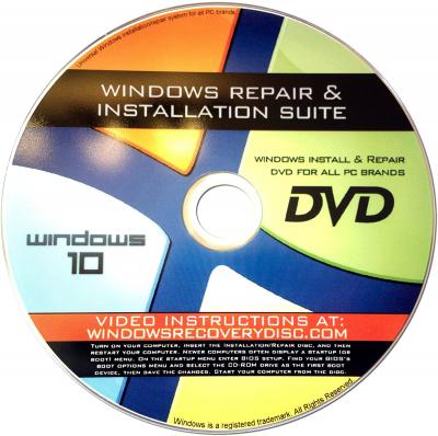 Recovery, Repair & Re-install disc compatible w/ All Versions of Windows 10 32/64 bit & PC makers